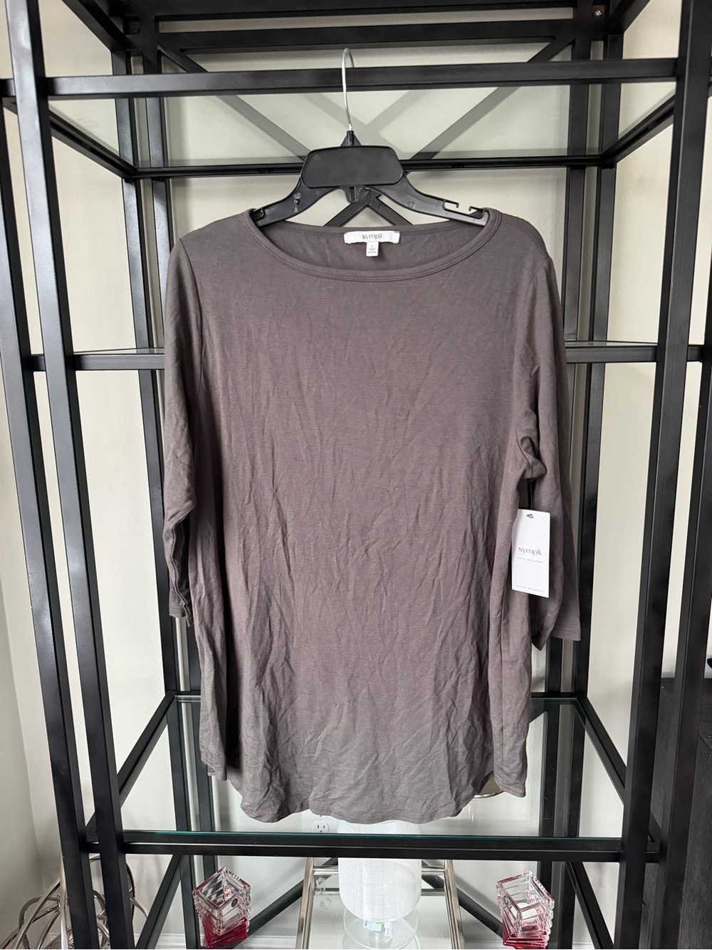 Sympli Women's Long Sleeve Scoop Neck Top in Charcoal Gray